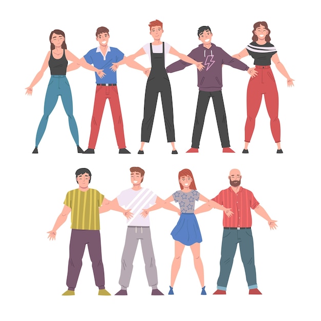 Gente feliz de pie juntos con los brazos extendidos Amistad Solidaridad Ayuda y apoyo Concepto Ilustración vectorial de estilo de dibujos animados