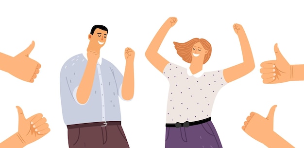 Gente feliz y pulgar hacia arriba. Mujer joven exitosa, personas alegres ilustración vectorial