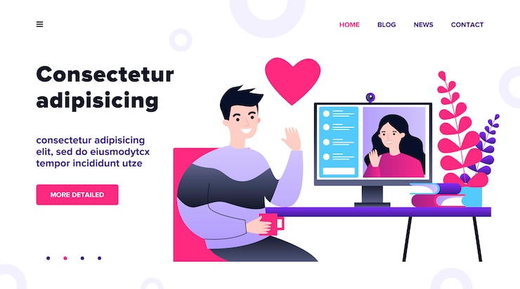 Vector gente feliz que data ilustración en línea. hombre joven y mujer chateando a través de la computadora portátil. concepto de comunicación y redes sociales.