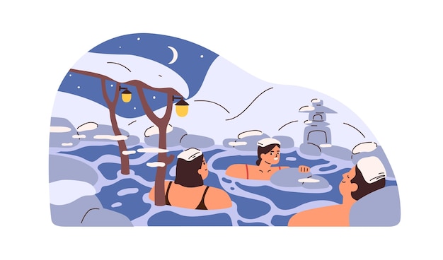 Gente feliz relajándose y bañándose en aguas termales de un balneario natural público cubierto de nieve Parque de recreación con aguas geotérmicas Ilustración vectorial plana aislada sobre fondo blanco