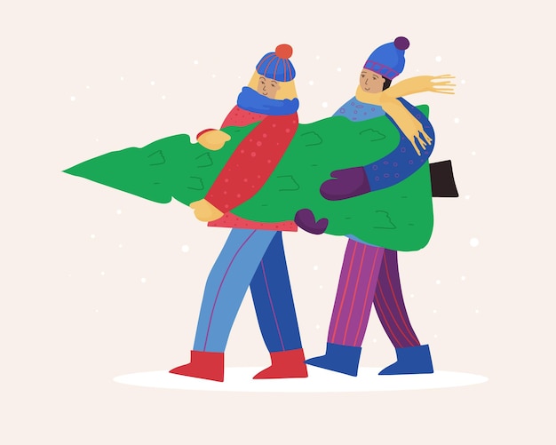 Gente feliz en ropa de invierno lleva el árbol de año nuevo