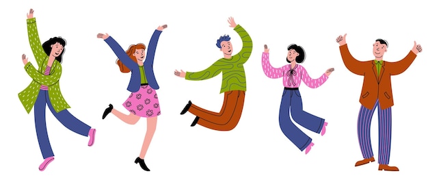 Gente feliz saltando Doodle trabajadores de oficina de negocios saltando alegría y persona exitosa feliz empleados profesionales corporativos salto de grupo de hombres de negocios vectorial