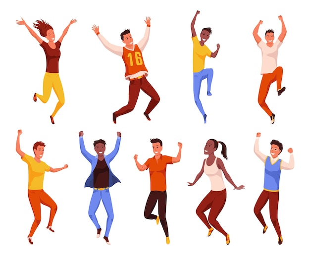 La gente feliz saltando establece hombres y mujeres jóvenes positivos felices grupo de personas jóvenes alegres riendo