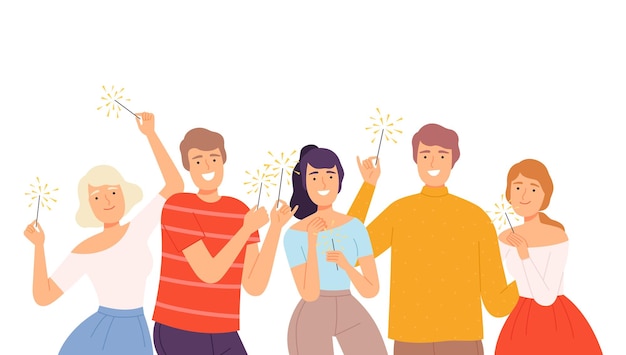 Gente feliz sosteniendo chispas ardientes Chicos y chicas alegres celebrando Navidad Cumpleaños Feriados Eventos Ilustración vectorial de estilo dibujos animados