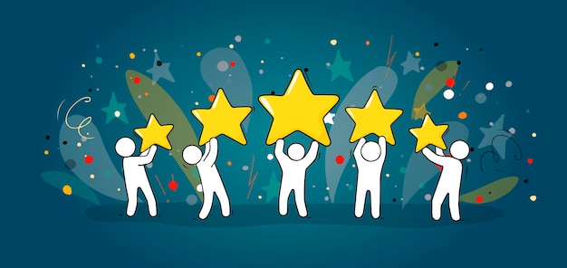 Gente feliz sosteniendo cinco estrellas doradas