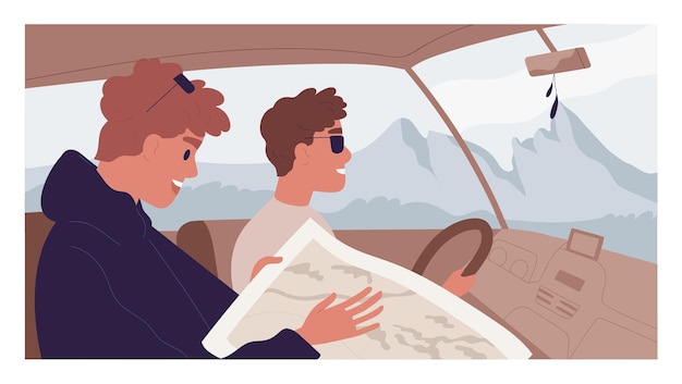 Gente feliz viajando juntos en auto y buscando ruta en el mapa. Amigos varones en su viaje de montaña con paisaje de fondo. Ilustración de vector de dibujos animados planos coloreados del hombre que conduce el automóvil.