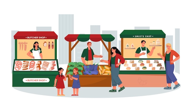 La gente en la feria vendedores y compradores tienda local con productos naturales y orgánicos verduras panadería y