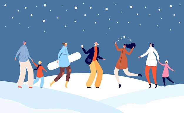 Gente festiva de invierno. felices vacaciones, familia de navidad con niños en la ilustración de la calle de la ciudad de nieve. vector de multitud de año nuevo de navidad. ilustración recreación familiar invierno, navidad ocio al aire libre