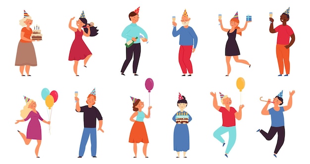 Gente de fiesta de cumpleaños Mujeres celebrando juntas alegría con globos Personajes de eventos de oficina feliz celebración plano divertido persona decente conjunto de vectores