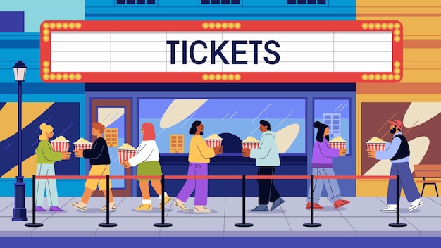 La gente en la fila en la entrada del cine ilustraciones coloridas individuos con palomitas de maíz caminan hacia
