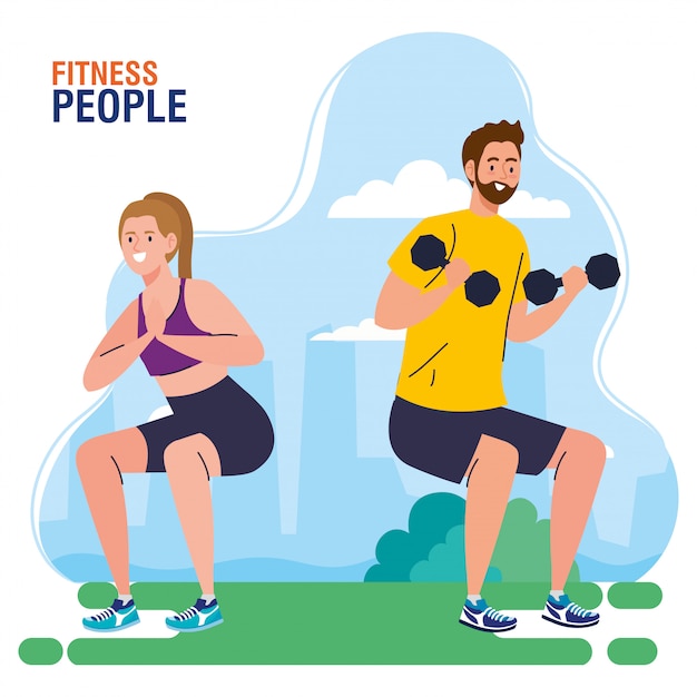 Vector gente de fitness, pareja haciendo ejercicio al aire libre, concepto de recreación deportiva