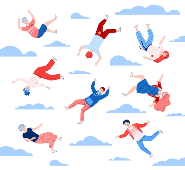 Vector gente flotando y en el cielo entre nubes ilustración vectorial de dibujos animados