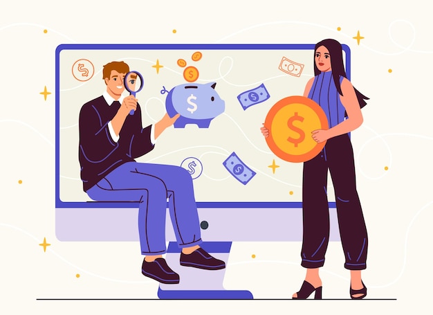 Gente con frugalidad hombre y mujer con lupa y monitor de computadora alfabetización financiera