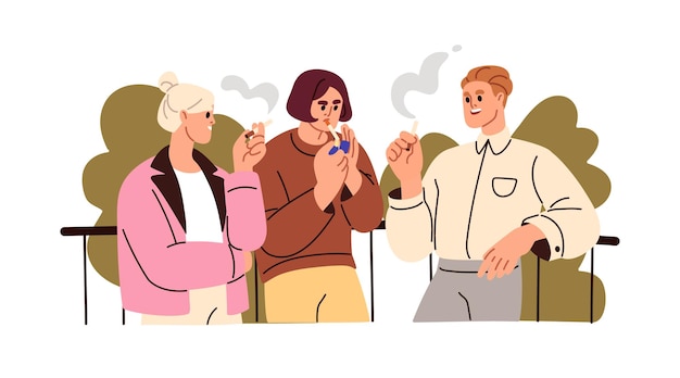 Gente fumando cigarrillos hablando Colegas trabajadores de oficina fumadores durante el descanso de fumar Hombres mujeres amigos con mal hábito adicción al tabaco Ilustración vectorial plana aislada sobre fondo blanco
