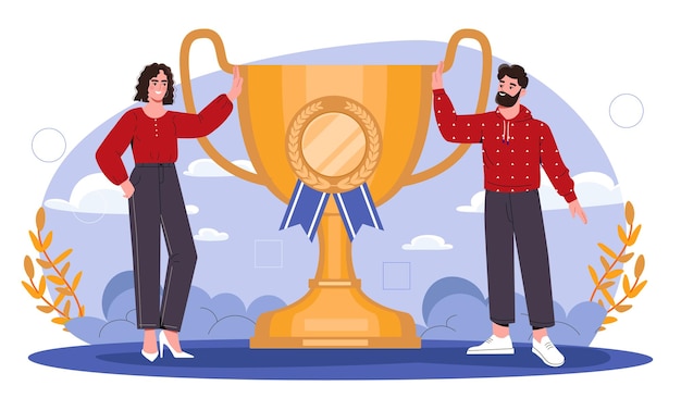 La gente ganando la copa hombre y mujer cerca de la copa de oro metáfora para la colaboración exitosa de trabajo en equipo y