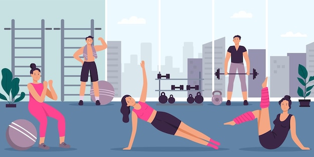 Vector gente en el gimnasio hombre y mujer haciendo ejercicio en el interior haciendo deporte personaje femenino con actividades físicas