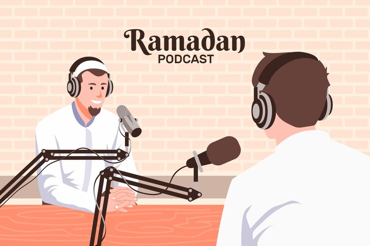 Gente grabando ilustración de podcast islámico