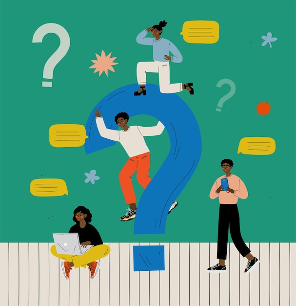 Gente y gran signo de pregunta Equipo de negocios comunicándose Buscando información o buscando una solución a un problema Ilustración vectorial