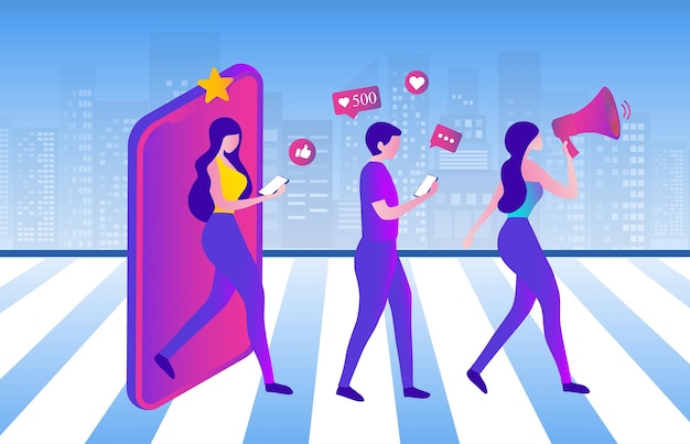 Gente gritando en altavoz con íconos de redes sociales influencer marketing en redes sociales