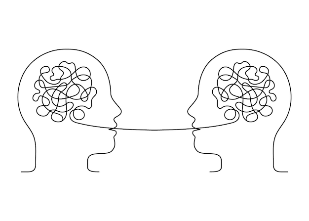 La gente habla de una conversación de enredo con un esquema desordenado Cerebro de pensamiento creativo Comunicación de psicoterapia Conversación diálogo de dos personas habla Línea vectorial