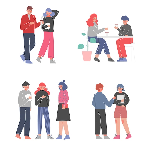 Gente hablando y bebiendo café Reunión de amigos o colegas Proceso de trabajo Ilustración vectorial en fondo blanco