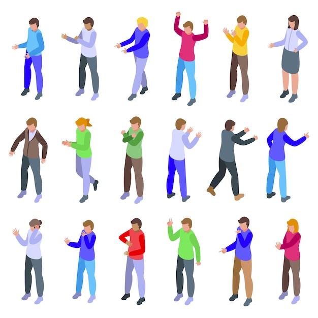 Gente hablando con iconos de gestos de mano conjunto vector isométrico Decir gente