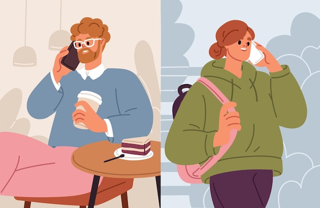 Gente hablando por teléfono móvil. Conversación en pareja, diálogo, comunicación mediante llamada de teléfono celular. Felices amigos jóvenes y mujeres hablando, charlando por teléfono inteligente, celular. Ilustración de vector plano.