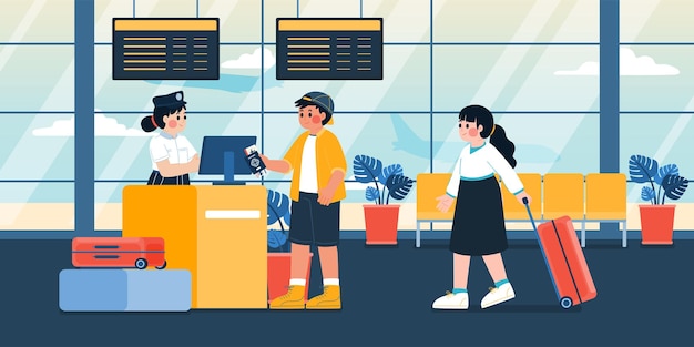 La gente hace cola para registrarse con equipaje y pasaporte en la ilustración vectorial del aeropuerto