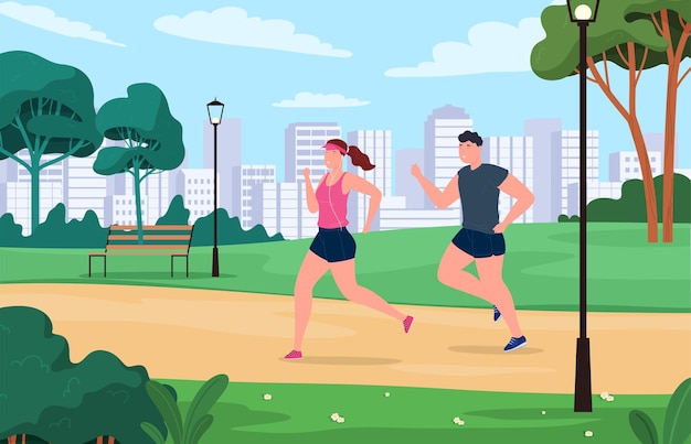 La gente hace deporte la gente corre y se mantiene en forma en el parque estilo de vida saludable ilustración vectorial