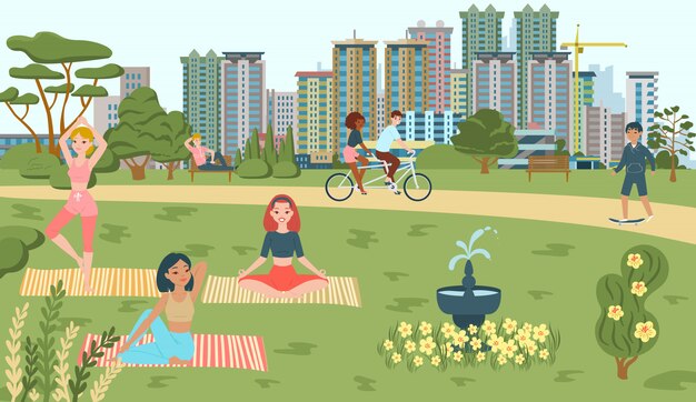 Vector la gente hace deporte en el parque, yoga, andar en bicicleta, recreaciones scating en verano, patio de juegos de la calzada y atracciones fuente paisaje urbano ilustración plana.