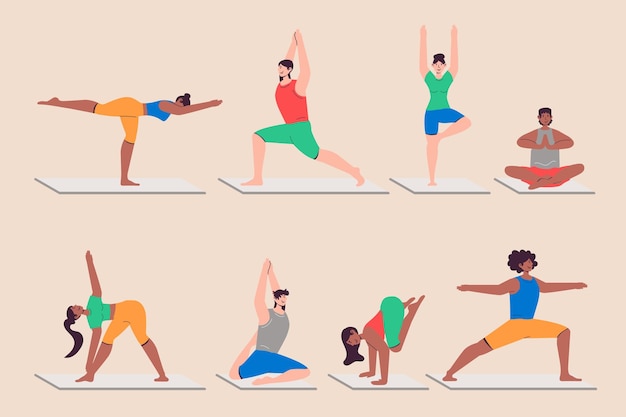 Gente haciendo asanas de yoga en diseño plano Hombres y mujeres practicando yoga y entrenando haciendo estiramientos y ejercicios Paquete de diversos personajes Ilustración vectorial personas aisladas para web
