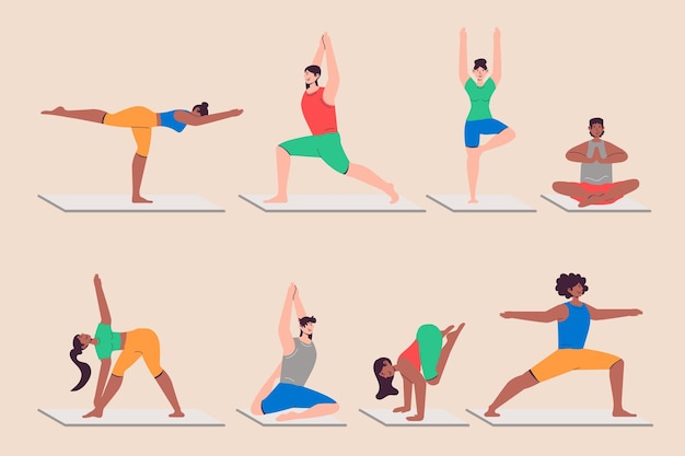 Gente haciendo asanas de yoga en diseño plano hombres y mujeres practicando yoga y entrenando haciendo estiramientos y ejercicios paquete de diversos personajes ilustración vectorial personas aisladas para web