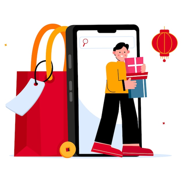 Vector gente haciendo compras en línea para el día de la china