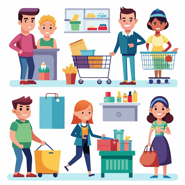 Gente haciendo compras en el supermercado con carritos, bolsas y estantes