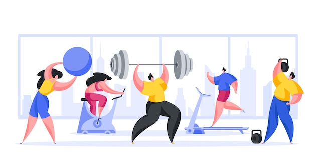 Vector gente haciendo deporte en la ilustración de dibujos animados de gimnasio