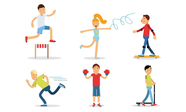 Gente haciendo diferentes tipos de deportes Ilustraciones vectoriales Conjunto Niña haciendo gimnasia y niño corriendo