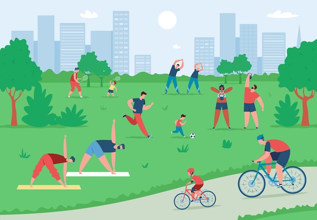 Vector gente haciendo ejercicio y deportes al aire libre en el parque de la ciudad de verano. personajes activos montando en bicicleta, haciendo yoga, jugando al fútbol ilustración vectorial