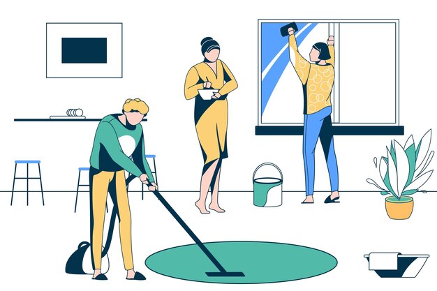 Gente haciendo la tarea juntos Miembros de la familia pasando tiempo juntos en casa concepto de rutina diaria Madre cocinando en la cocina padre aspirando el piso hija limpiando la ventana ilustración vectorial