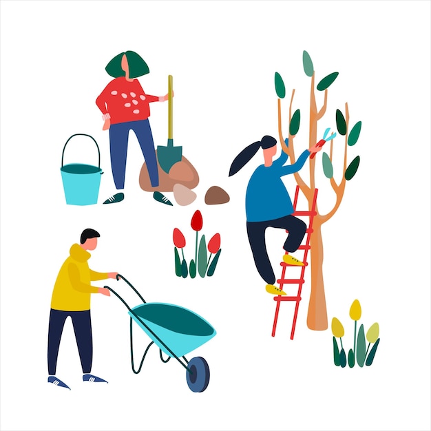 Gente haciendo trabajos de jardinería de primavera Poda de árboles plantando plántulas Conjunto de ilustraciones vectoriales en estilo plano