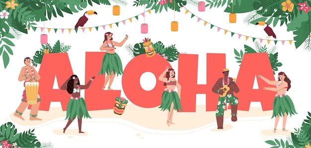 Vector gente hawaiana bailando signo de aloha decorado ilustración de vector de dibujos animados plana