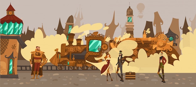 Vector la gente histórica en la ciudad de cuento de hadas con casas antiguas de arquitectura europea, tren de potencia de vapor fantasía europa en la ilustración de estilo de tecnología steampunk.