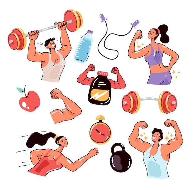 Gente hombre mujer personajes ejercicio deporte gimnasio culturismo entrenamiento atlético aislado conjunto plano estilo moderno diseño ilustración