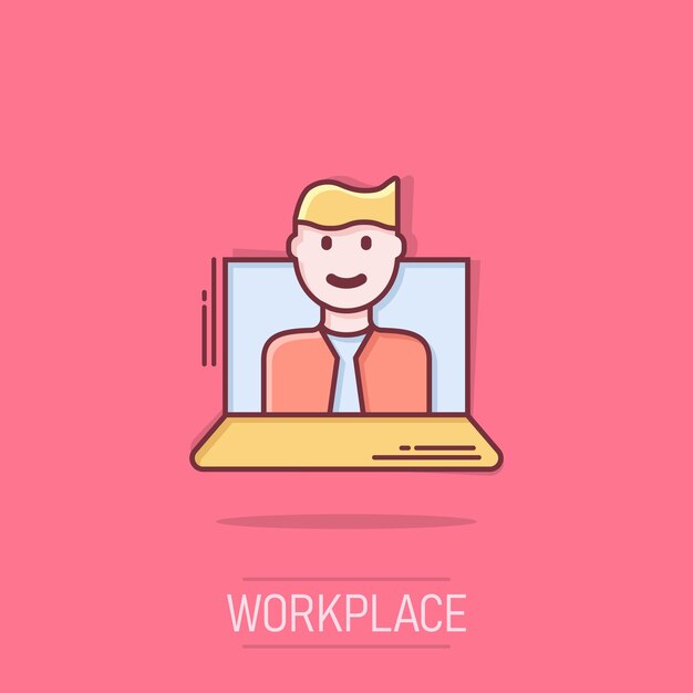 Gente con icono de computadora portátil en estilo cómico Ilustración vectorial de dibujos animados de usuario de PC en fondo aislado Efecto de salpicaduras de gerente de oficina Concepto de negocio
