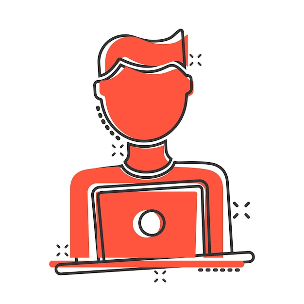 Gente con icono de computadora portátil en estilo cómico Ilustración vectorial de dibujos animados de usuario de PC en fondo blanco aislado Concept de negocio de efecto de salpicaduras de gerente de oficina