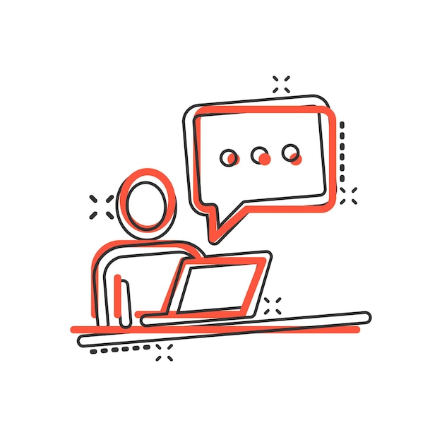 Gente con icono de computadora portátil en estilo cómico Ilustración vectorial de dibujos animados de usuario de PC en fondo blanco aislado Concept de negocio de efecto de salpicaduras de gerente de oficina