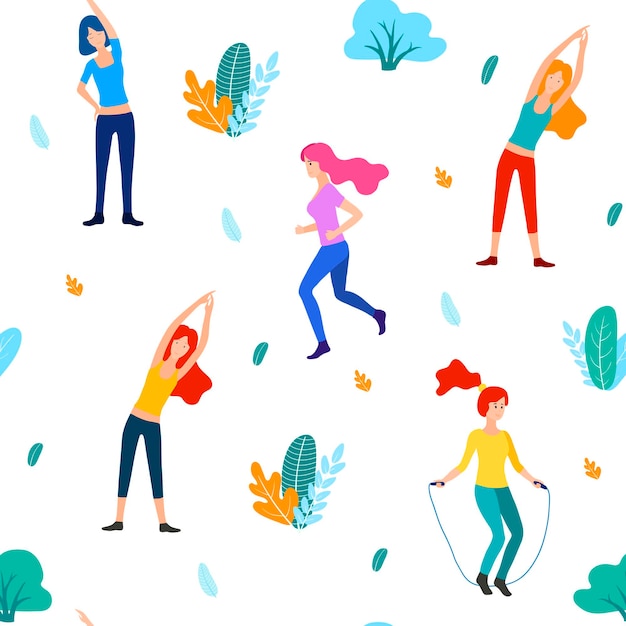 Gente en la ilustración plana del vector del parque. La mujer hace deportes, ejercicios físicos. Patrón sin fisuras de la aptitud de las mujeres. Chica de entrenamiento. Colocar el equipo. Plantilla de volante de deportes y salud. Diseño de Gimnasio.