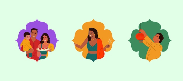 La gente de la India celebra el festival de Diwali con ilustraciones vectoriales de vestimenta tradicional de la India