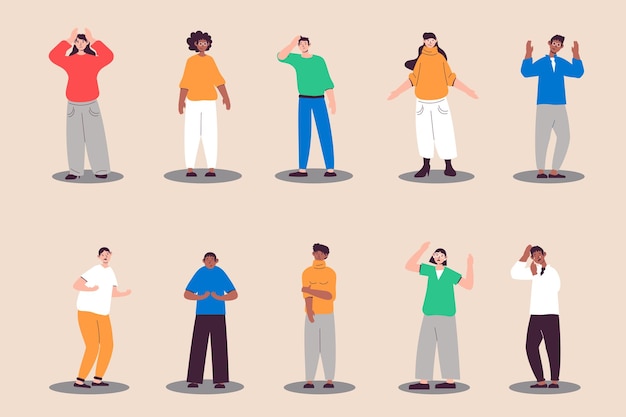 Gente infeliz y triste ambientada en un diseño plano Las mujeres y los hombres expresan emociones molestas sintiendo depresión y llorando Paquete de diversos personajes multirraciales Ilustración vectorial Personas aisladas para la web