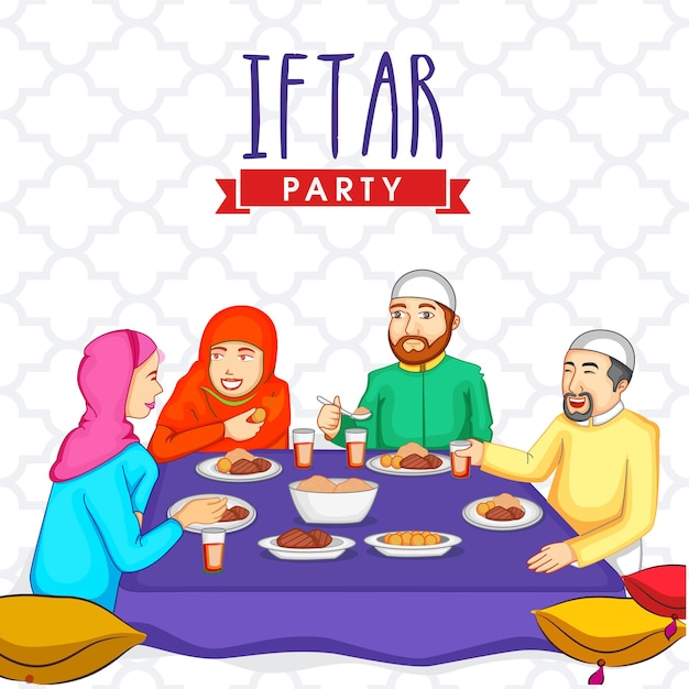 Gente islámica alegre disfrutando de deliciosas comidas en la mesa de comedor con motivo de la fiesta de Iftar