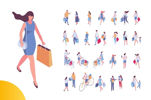 Gente isométrica en compras Hombres y mujeres con bolsa de compras carrito de compras